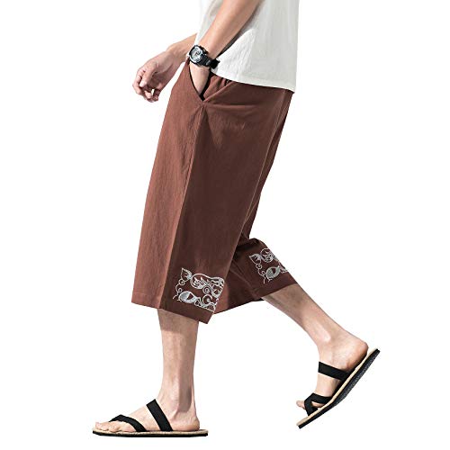 DOSLAVIDA Men's Linen Harem Capri Pants Loose Fit Yoga Beach Shorts Elastic Waist Wide Leg Baggy Cropped Trousers