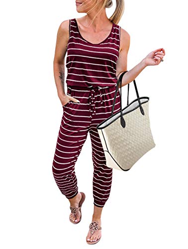 KIRUNDO 2022 Women’s Casual Round Neck Sleeveless Jumpsuit Drawstring Waist Stretchy Long Pant Romper with Pockets (XX-Large, Wine Red)