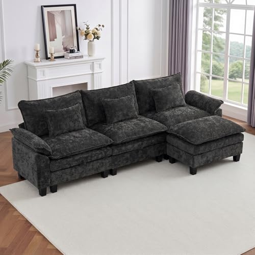 Image of IPKIG 117 inch Modular Cloud Couch with Storage, L Shaped Sectional Sofa with Ottoman & Pillow, Chenille Deep Seat Sectional Couches for Living Room, Apartment, Black