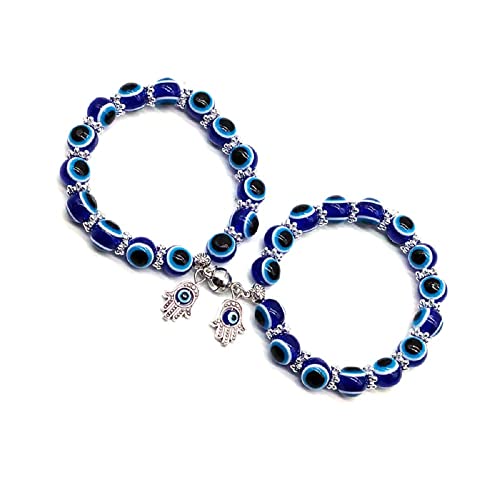 Caiyao 4 Pcs Evil Eye Bead Bracelet Hamsa Hand Fatima Charm Stretch Amulet Turkish Good Luck Protection Kabbalah Jewelry 8.5 inches Zinc no gemstone