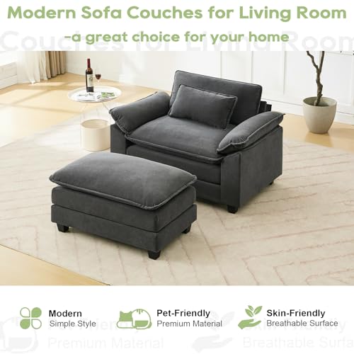 Image of 53 inch Modular Sectional Sofa, Comfy Deep Cloud Couch with Ottoman | Couches for Living Room, Sofa Bed, Modular Couch, Deep and Wide Seat, Velvet Sofa Sleeper with Throw Pillows, Blue Grey