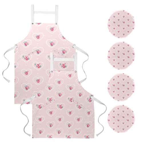 Lot de 2 tabliers de cuisine avec 4 broches motif fleur en cœur