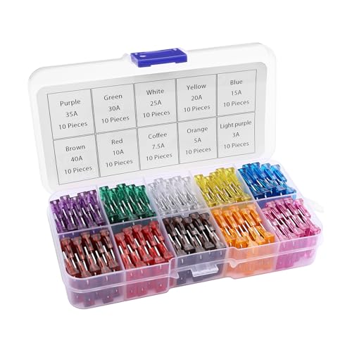 PNGKNYOCN 100Pcs Kit Assortimento Fusibili Auto, 3A 5A 7.5A 10A 15A 20A 25A 30A 35A 40A Auto media lama sostituzione fusibili Kit per auto, RV, camion, moto