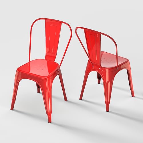 Image of Metal Dining Chairs with Backrest, Stackable, Red, 2 Pack | Easy Assembly, Non-Slip Feet, 330 lb Capacity, Kitchen, Restaurant, Cafe, Pub, Covered Patio