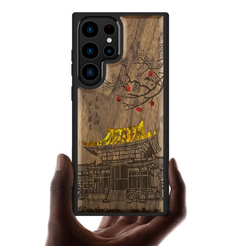 Coque en bois pour Samsung S23 Ultra inspirée de l'architecture des temples