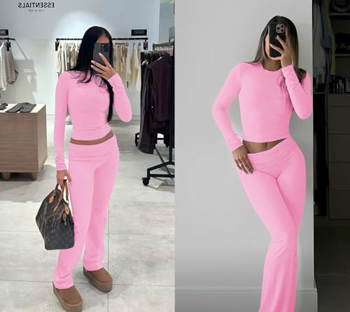 Image of YETOWA Y2K 2 Piece Outfits Tummy Control Long Sleeve Crop Top High Waisted Flare Pants Soft Knit Lounge Set