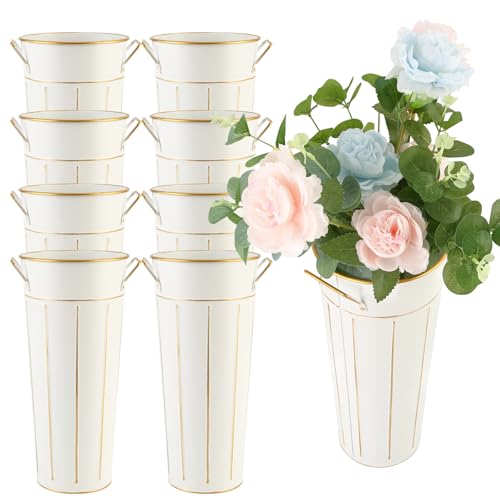 Entjor 8 Pcs 11.8 Inch Tall Galvanized Flower Bar Buckets with Handles - Tin Metal Vase for Home Decor, Wedding Centerpiece, Table Decorations - Unbreakable Tall Vase for Fresh Flowers