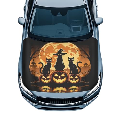 Image of Moon Cat Pumpkins Hood Wraps for Cars Hood Wrap Protector Washable Car Hook Elastic Fabrics Can be Washed Hook Wraps