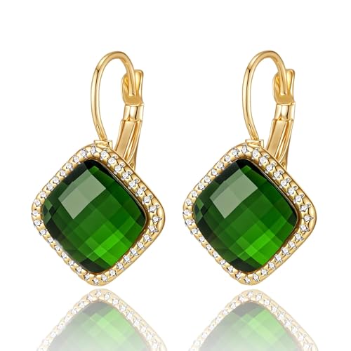 EVEVIC Austrian Crystal Halo Square Dangle Drop Leverback Earrings for Women Trendy 14K Gold Plated Jewelry Gifts for Anniversary