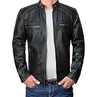 LP-FACON Chaqueta de cuero para motocicleta para hombre, ajuste delgado, vintage, envejecida, atemporal, de moda, de piel auténtica, acolchada con diamantes, Piel auténtica de color negro., M