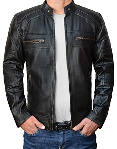 LP-FACON Chaqueta de cuero para motocicleta para hombre, ajuste delgado, vintage, envejecida, atemporal, chaqueta de cuero genuino para hombre, acolchada con diamantes, Piel auténtica de color negro.,