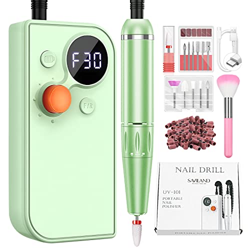 SAVILAND Electric Nail Drill: Nail Drill Machine Electric Nail File 30000PRM with Nail Drill Bits for Acrylic/Gel Nails Rechargeable Manicure Pedicure Kit for Salon Home DIY, Green
