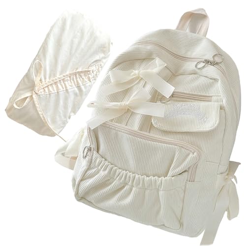 2pcs Minimalist Bow Multi-Pocket Foldable Backpack with Kawaii Case for Women's Training, Commuting, Shopping Travel (2pcs Beige)