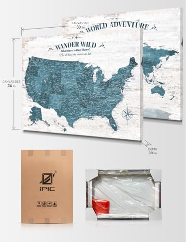 Image of IPIC Vintage Teal World Maps for Wall, World Map Canvas, Size 30x24 in