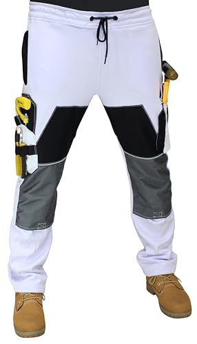 HASHOOB TRADING FZE Pantalon de travail en polaire blanche pour homme avec poche genouillères et poches cargo, blanc, M