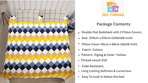 Image of RD TREND Presents Luxurious Supersoft Cotton Feel 210 Tc (100x108 Inch) bedsheet for Double Bed King Size with 2 Pillow Covers Size 18x28 (Yellow Zigzag, King Size 100x108)