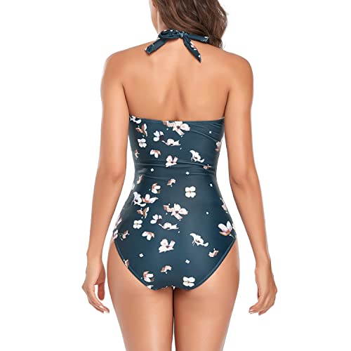 Image of Smismivo Tummy Control Swimwear Halter One Piece Slimming Vintage Retro Swimsuit Womens Ruched Push Up Bathing Suit
