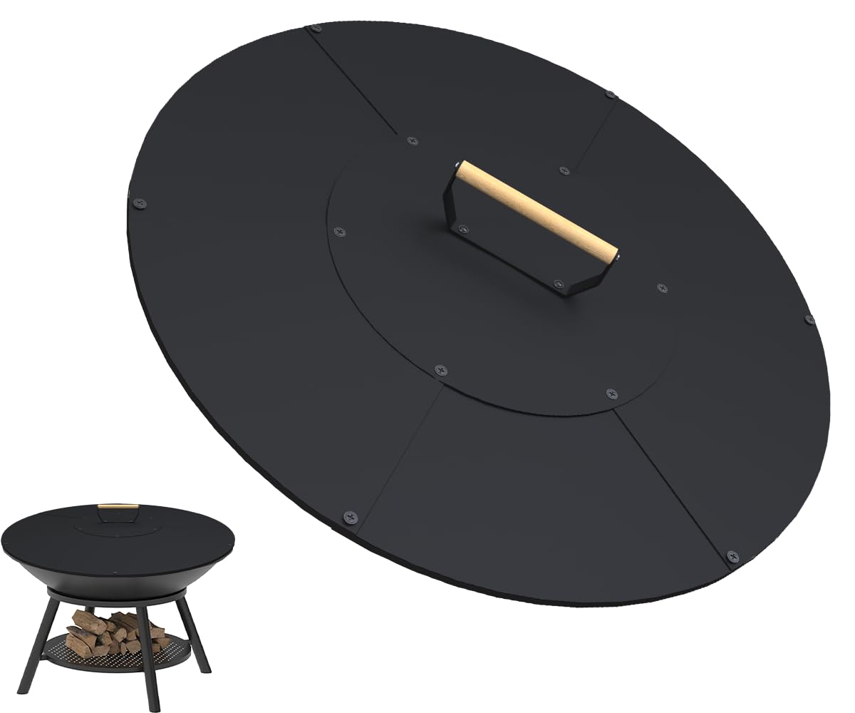 24" wooden-handle fire pit lid for pits up to 22", round metal bonfire pit burner pan cover, smokeless fire pit cover for fire tables, all-weather resistance outdoor firepit accessory
