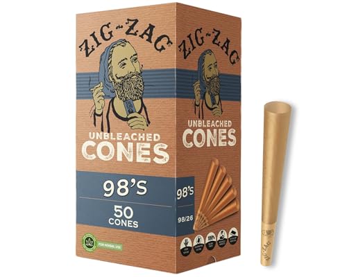 ZIG-ZAG Pre Rolled Cones 98s Size (50 Pack) Unbleached - Slow Burning Pre Rolled Cones with Tips & Packing Tubes Included - Bulk Pack