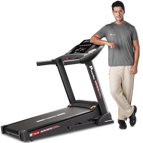 PowerMax Fitness TDA-96 4HP Auto Incline Treadmill for Home Use | 110KG User Wt. | Bluetooth for Music & Tracking App | 12 Pre-Set Program | Heart Rat