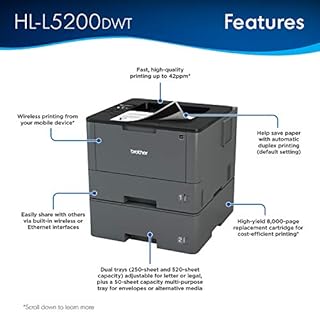 Brother Monochrome Laser Printer, HL-L5200DWT, Duplex Printing, Wireless Networking, Dual Paper Trays, Mobile Printing, Amazon Dash Replenishment Ready