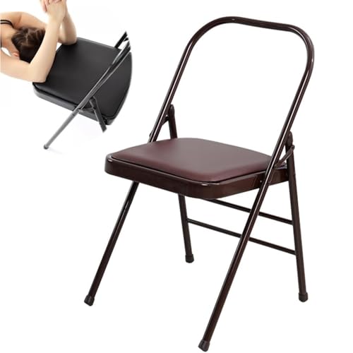 Klappbarer Yoga-Stuhl mit Rückenlehne, Metall-Hilfsstuhl für Pilates & Iyengar Yoga, strapazierfähiges PU-Leder in Braun, ideal für Heimtraining & Flexibilitätstraining