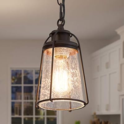 KSANA Farmhouse Pendant Lighting, Mini Rustic Hanging Light Fixture with Seeded Glass Shade for Kitchen Island, Foyer, Hallway, Bedroom and Entryway, Bronze