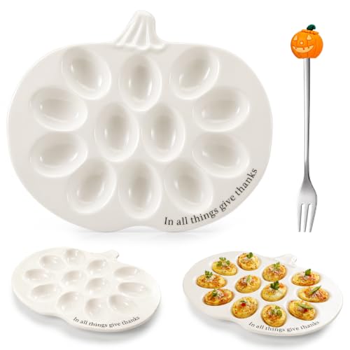 FoldTier Ceramic Deviled Egg Platter Deviled Egg Holder Trays with 11" Fork