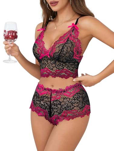 Image of Lilosy Sexy Lingerie for Women Lace Pajamas Set Cami Bra and Panty High Waist Sheer Sleepwear 2 Piece 2XS-6XL
