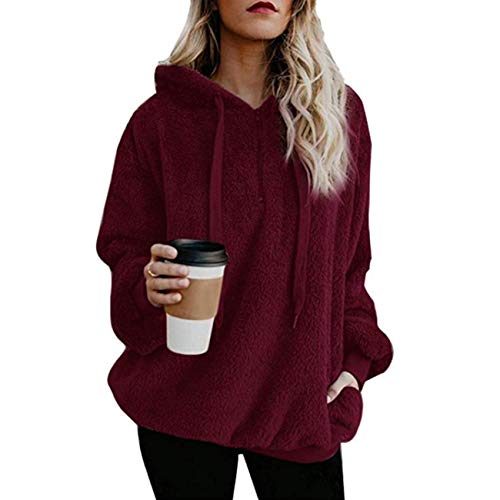 MUMUBREAL Womens Sherpa Pullover Hoodie Oversized Fuzzy Fleece Sweatshirt Plus Size Jacket with Pockets(Burgundy,S)
