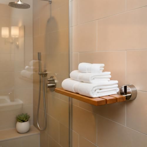 20 Inchs Teak Folding Shower Seat Wall Mounted, Folding Shower Seat with 400 Lb. Weight Capacity (Metal Brushed Cover) - Thumbnail 4