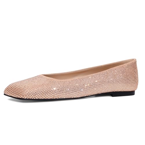 Flats for Women Rhinestone Square Toe Glitter Sparkly Comfortable Dress Bridal Ladies Wedding Shoes