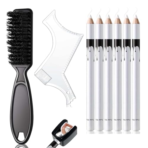 RAYAKT Lápiz de peluquería blanco, tiza de peluquería para rayar la línea del cabello y formas de barba – Juego de sacapuntas, regla y pincel, para hombres para dibujar y contornos de peluquería