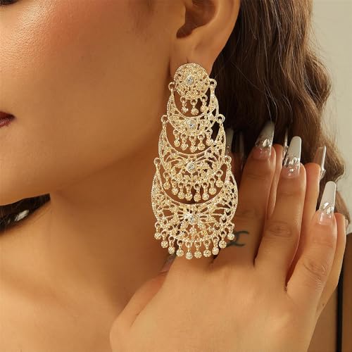 Extra Big Long Tassel Dangling Earring for Women Wedding Statement Crystal Stunning Tiny Flower Beaded Chandelier Gold Plated Earrings Indian Boho Traditional Bride Party Wear Festival Holiday Jewelry Gift2