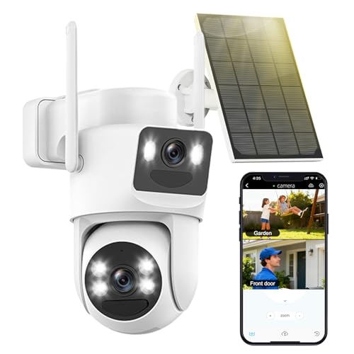 8MP Telecamera WiFi Esterno Senza Fili con Pannello Solare, 4K Videocamera di Sorveglianza Wi-Fi con Doppio Obiettivo,Batteria 15000mAh,2.4G/5GHz,Visione Notturna a Colori,355°PTZ,Audio Bidirezionale
