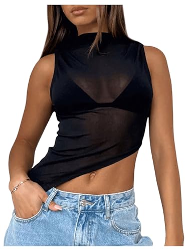 QJQ Women's Sheer Mesh Tank Tops Mock Neck Sleeveless Asymmetrical Hem Crop Top See Through Shirts