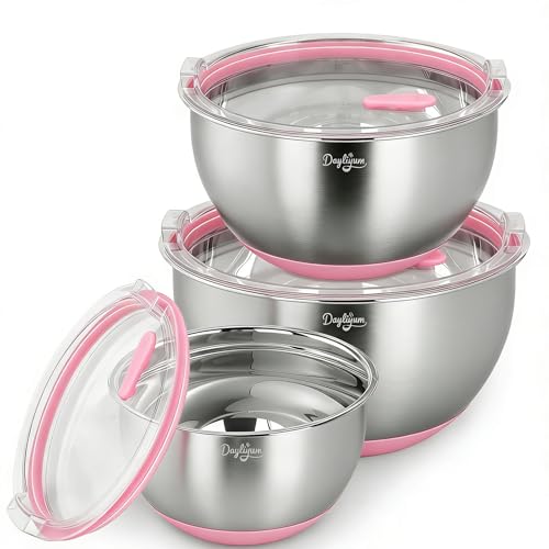 Mixing Bowls with Clear Airtight Lids 3-Piece Stainless Steel Set Pink