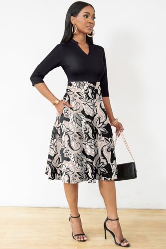Image of Nmoder Casual Dresses for Women Semi Formal Fit and Flare 3 /4 Sleeve A-line Church Work Dress with Pockets