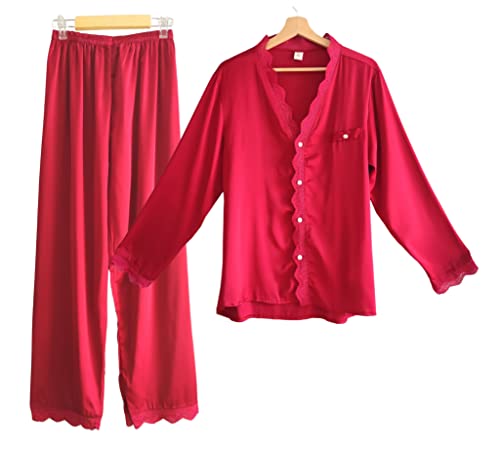 Laura Lily - Pigiama da Donna, 2 Pezzi, Camicia con Bottoni e Pantaloni Lunghi in Seta rasata con Dettaglio Ondulato Ricamato, Morbido, Comodo, setoso e Casual. (Rosso, M 38)