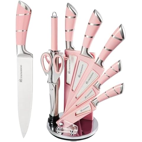 Kitchen Knife Set, Retrosohoo 9-Pieces Pink Sharp Non-Stick Coated Chef Knives Block Set,Stainless Steel Knife Set for Kitchen with Sharpener for Cutting Slicing Dicing Chopping (Pink) Cover