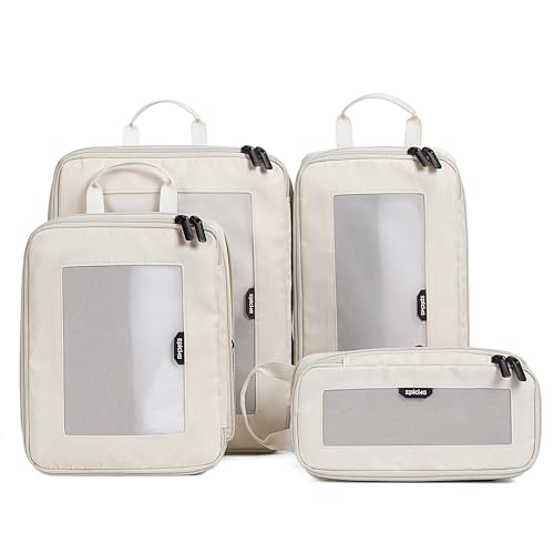 EPICKA TripCozy Compression Packing Cubes – 4 Set Durable Travel Organizer Bags with Mesh Top, Expandable Travel Accessories for Carry on, Luggage, Suitcase, Backpack (Beige)