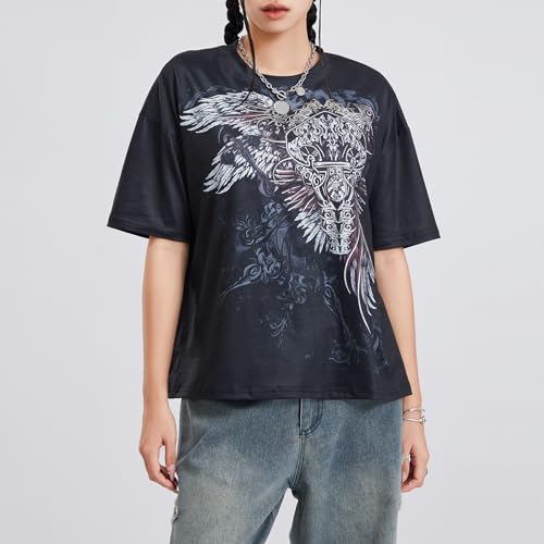 Y2K Grunge Graphic Tees for Teens Girl Vintage Fairy Grunge Emo Goth Short Sleeve Baggy T-Shirt Going Out Streetwear