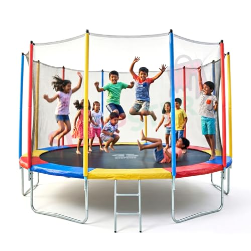 Image of Shopster Fitness Heavy GS 16 Feet Jumping Trampoline for Kids & Adults with Safety Enclosure Net, Jumper Mat (Supports Weight Capacity of 400Kgs), Indoor & Outdoor, (Dia- 16 ft), Rainbow