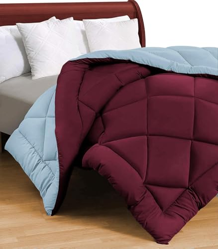 Image of Dream Living Microfibre All Season Solid Reversible Single Bed Comforter Blanket (Maroon-Light-Blue, Single-152X220)