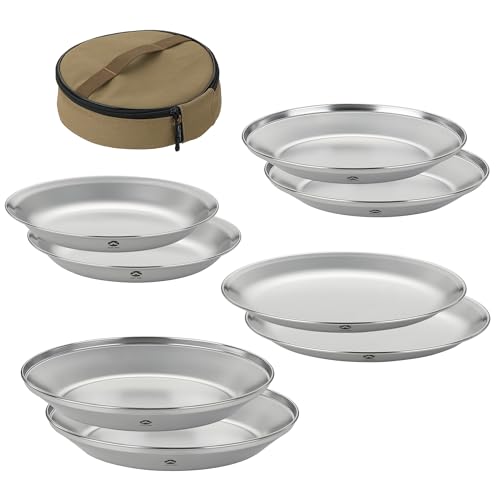 CAMPINGMOON Camping Plates 8pcs set Salad Side Dinner Plate Dishes Outdoor Tableware Stainless Steel with Canvas Case S397-2S