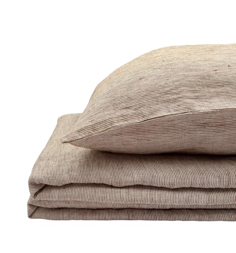 JOWOLLINA Natur Leinen Bettwäsche-Set Soft Washed Finish 180 g/m2 (Nougat Stripes, 135x200 cm, 80x80 cm)