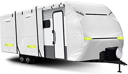 Jifunull Travel Trailer Cover, 500D Rip-Stop Windproof RV Cover Fits 30'-33' Motorhome, Upgraded Anti-UV & Waterproof Camper Cover with Tire Covers, Windproof Straps, Tongue Jack Cover, Gutter Covers