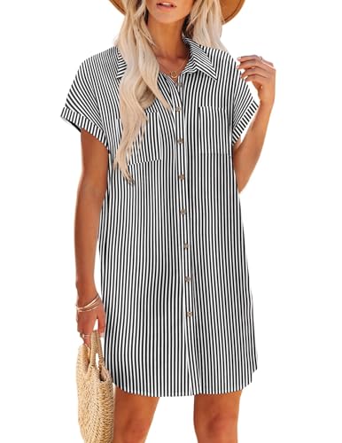 Zeagoo Ladies Summer Dresses Short Sleeve Cotton Linen Dress V-Neck Button Down Mini Sundress with Pockets Petite Beach Cover Up Black+White Stripe S