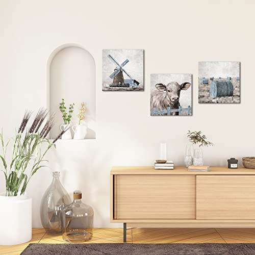 Klvos Rustic Farm Canvas Wall Art Old Windmill Cow And Hay Bales Vintage Farmhouse Painting Pictures For Living Room Kitchen Dining Room Giclee Prints Artwork 12"X12"X3 Panel #TOP1