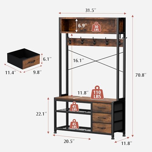 Lulive Hall Tree with Bench and Shoe Storage, 31.5\" Coat Rack Freestanding with 2-Tier Storage Shelf, 6-in-1 Entryway Bench Coat Rack with 12 Hooks and 3 Drawers(Rustic Brown)